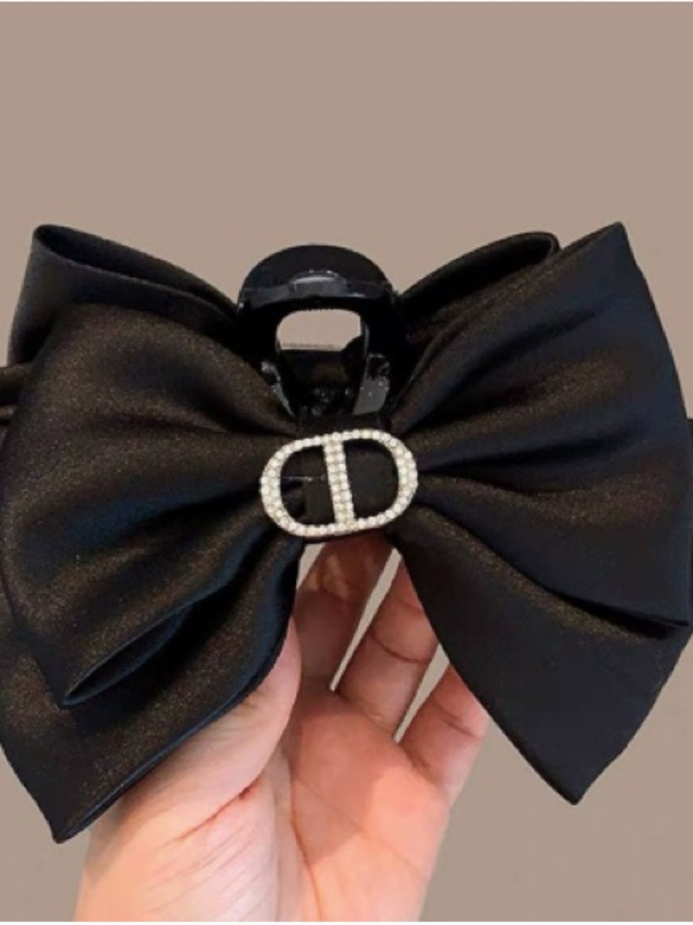 Black Satin Bow Hair Clip with Rhinestone Initial Accent